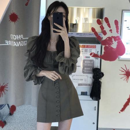 韩国chic方领上衣+半身裙套装  服裝批發女裝批發服飾貨源