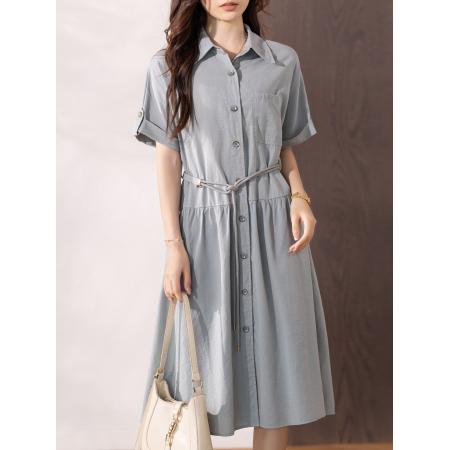 夏季简约衬衫连衣裙通勤风气质高级感收腰显瘦裙  服裝批發女裝批發服飾貨源