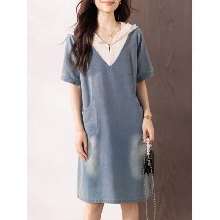 宽松短袖连帽浅色牛仔裙子夏季新款连衣裙女  服裝批發女裝批發服飾貨源