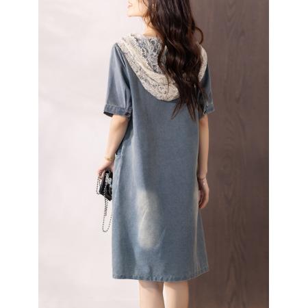 宽松短袖连帽浅色牛仔裙子夏季新款连衣裙女  服裝批發女裝批發服飾貨源