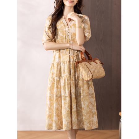 夏季新款黑色印花法式茶歇系中长连衣裙女  服裝批發女裝批發服飾貨源