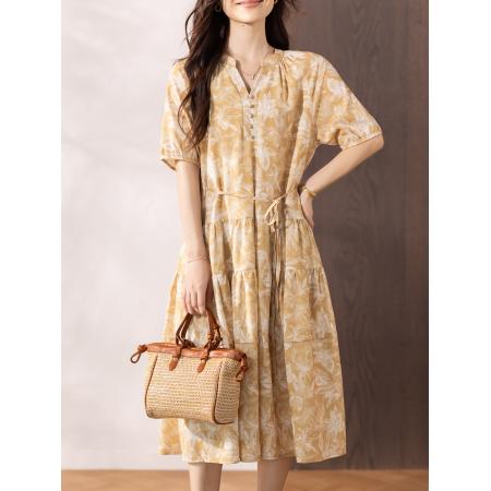 夏季新款黑色印花法式茶歇系中长连衣裙女  服裝批發女裝批發服飾貨源