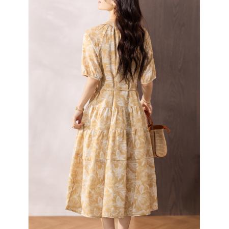 夏季新款黑色印花法式茶歇系中长连衣裙女  服裝批發女裝批發服飾貨源