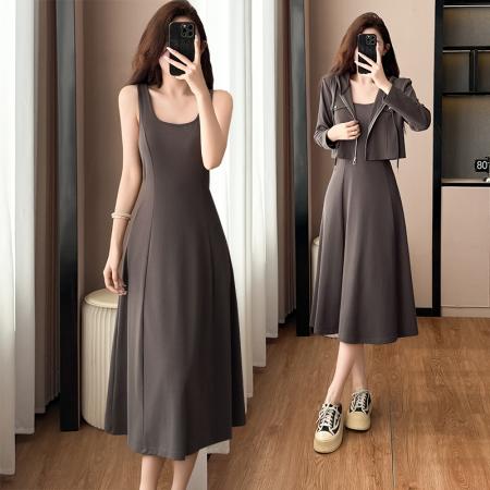 两件套时尚洋气修身显瘦大码女装胖mm胖妹妹长袖两穿连衣裙阔太太  服裝批發女裝批發服飾貨源