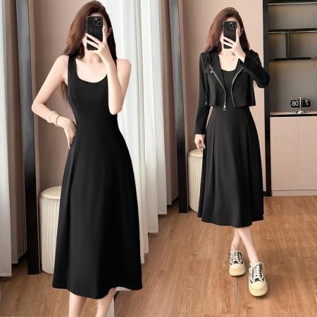 两件套时尚洋气修身显瘦大码女装胖mm胖妹妹长袖两穿连衣裙阔太太  服裝批發女裝批發服飾貨源