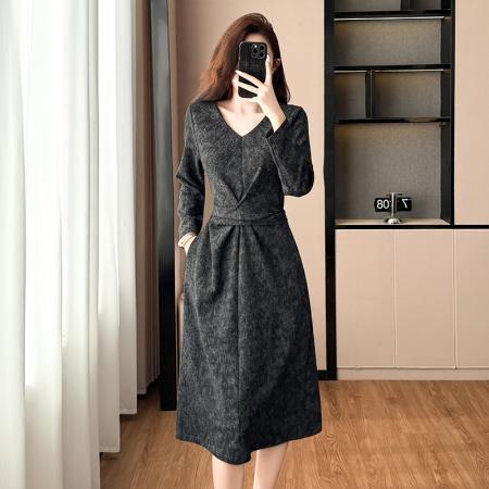 修身显瘦下摆开叉中长款大码女装胖mm阔太太长袖连衣裙春秋季新款  服裝批發女裝批發服飾貨源