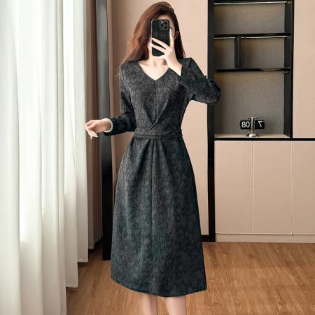 修身显瘦下摆开叉中长款大码女装胖mm阔太太长袖连衣裙春秋季新款  服裝批發女裝批發服飾貨源