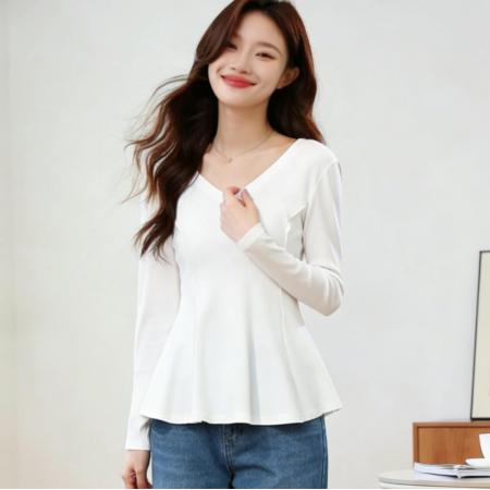 BY11625# 大码女装微胖mm休闲百搭收腰显瘦V领设计感T恤  服裝批發女裝批發服飾貨源