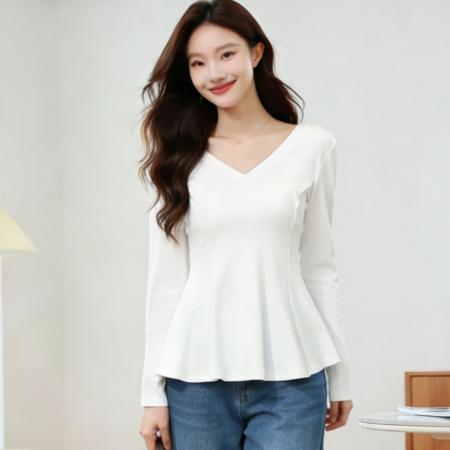 BY11625# 大码女装微胖mm休闲百搭收腰显瘦V领设计感T恤  服裝批發女裝批發服飾貨源