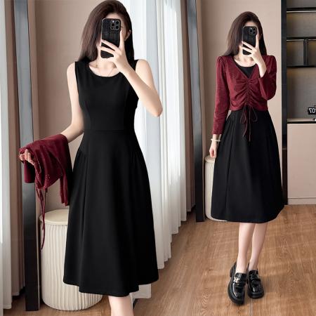 上衣+裙子两件套时尚洋气修身显瘦大码女装胖mm春秋季连衣裙  服裝批發女裝批發服飾貨源