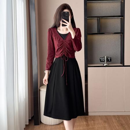 上衣+裙子两件套时尚洋气修身显瘦大码女装胖mm春秋季连衣裙  服裝批發女裝批發服飾貨源