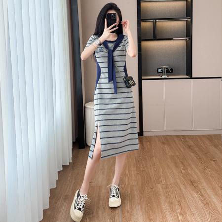 条纹连衣裙开叉设计感肩带山茶花遮肉显瘦时尚休闲中长款大码  服裝批發女裝批發服飾貨源