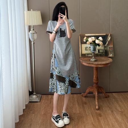 刺绣连衣裙定位猫咪撞色拼接时尚遮肉显瘦中长款大码T恤裙  服裝批發女裝批發服飾貨源