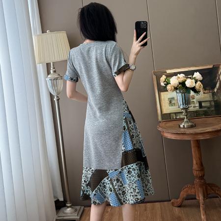 刺绣连衣裙定位猫咪撞色拼接时尚遮肉显瘦中长款大码T恤裙  服裝批發女裝批發服飾貨源