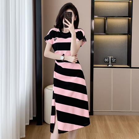 BY11630# 夏季新款连衣裙中长款T恤裙皱褶时尚感无袖圆领连衣裙  服裝批發女裝批發服飾貨源