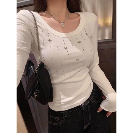 蝴蝶烫钻圆领长袖T恤春秋冬新款高级感修身上衣  服裝批發女裝批發服飾貨源