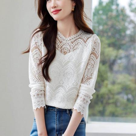 BY11632# 欧货蕾丝打底衫女春季装新款韩版内搭网纱上衣洋气  服裝批發女裝批發服飾貨源