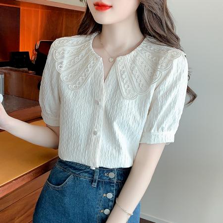 娃娃领短袖衬衫女夏设计感小个子小众法式复古上衣碎花雪纺衫  服裝批發女裝批發服飾貨源