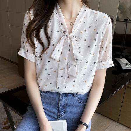 BY11634# 白色碎花雪纺衫女蝴蝶结小衫夏款新款遮肚显瘦上衣夏季  服裝批發女裝批發服飾貨源