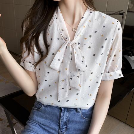 BY11634# 白色碎花雪纺衫女蝴蝶结小衫夏款新款遮肚显瘦上衣夏季  服裝批發女裝批發服飾貨源