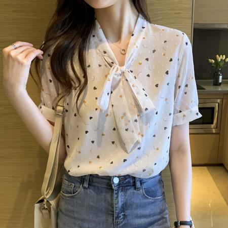BY11634# 白色碎花雪纺衫女蝴蝶结小衫夏款新款遮肚显瘦上衣夏季  服裝批發女裝批發服飾貨源