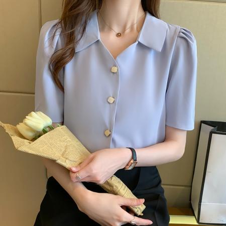 短袖衬衫女设计感小众轻熟新款夏季宽松百搭法式v领雪纺上衣  服裝批發女裝批發服飾貨源