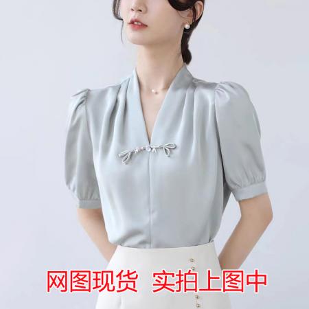 网图复古新中式V领盘扣短袖衬衫女装夏季新款轻国风缎面小衫上衣  服裝批發女裝批發服飾貨源