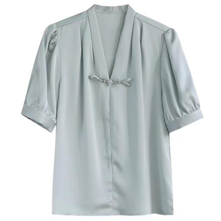 网图复古新中式V领盘扣短袖衬衫女装夏季新款轻国风缎面小衫上衣  服裝批發女裝批發服飾貨源