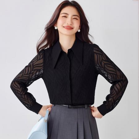 BY11639# Polo领黑色雪纺衬衫女新款设计感小众复古法式长袖上衣  服裝批發女裝批發服飾貨源