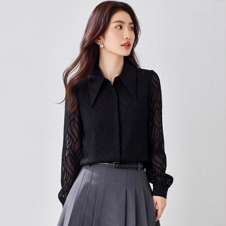 BY11639# Polo领黑色雪纺衬衫女新款设计感小众复古法式长袖上衣  服裝批發女裝批發服飾貨源