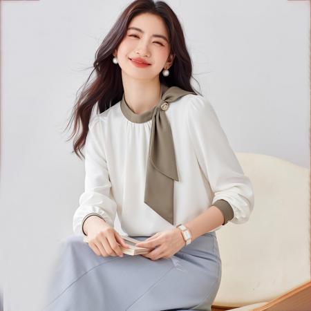 法式温柔领口蝴蝶结衬衫女装春秋新款拼色飘带设计感缎面上衣  服裝批發女裝批發服飾貨源