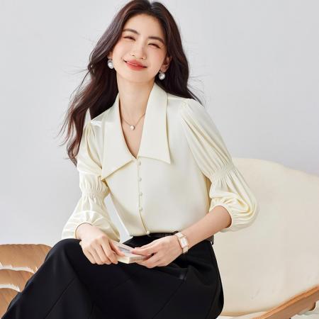 BY11641# 法式复古V领泡泡袖衬衫女春秋季新款设计感长袖衬衣别致上衣  服裝批發女裝批發服飾貨源