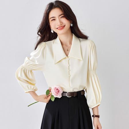 BY11641# 法式复古V领泡泡袖衬衫女春秋季新款设计感长袖衬衣别致上衣  服裝批發女裝批發服飾貨源
