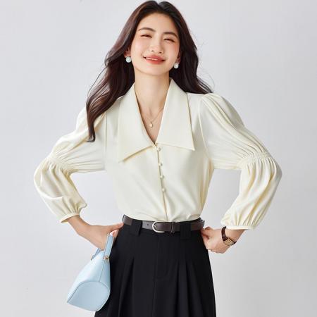 BY11641# 法式复古V领泡泡袖衬衫女春秋季新款设计感长袖衬衣别致上衣  服裝批發女裝批發服飾貨源