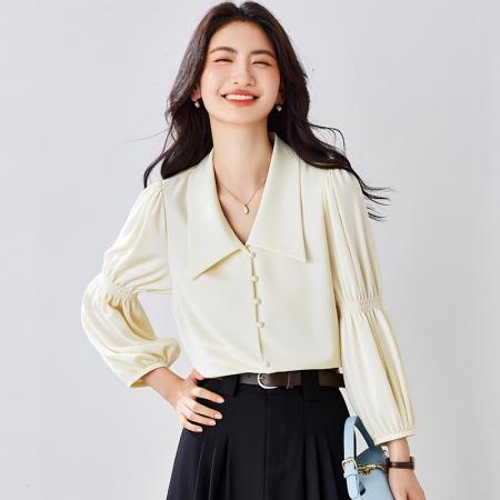 BY11641# 法式复古V领泡泡袖衬衫女春秋季新款设计感长袖衬衣别致上衣  服裝批發女裝批發服飾貨源