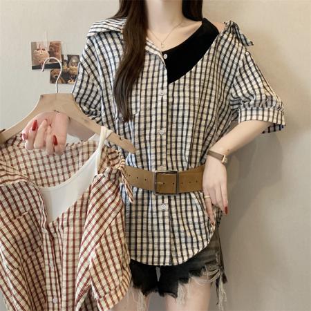 大码胖MM新款设计感假两件拼接格子衬衫遮肉显瘦上衣  服裝批發女裝批發服飾貨源