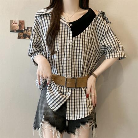 大码胖MM新款设计感假两件拼接格子衬衫遮肉显瘦上衣  服裝批發女裝批發服飾貨源