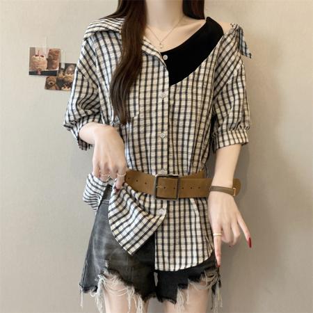 大码胖MM新款设计感假两件拼接格子衬衫遮肉显瘦上衣  服裝批發女裝批發服飾貨源