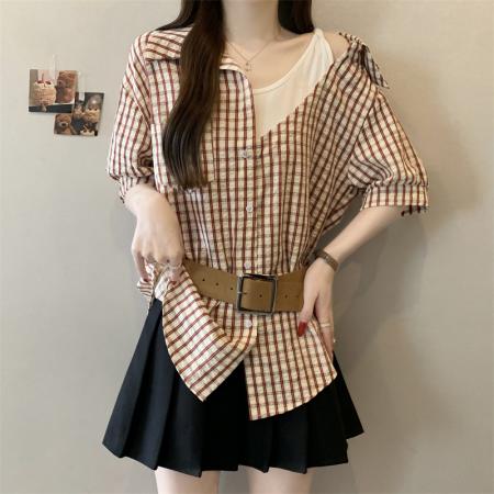 大码胖MM新款设计感假两件拼接格子衬衫遮肉显瘦上衣  服裝批發女裝批發服飾貨源
