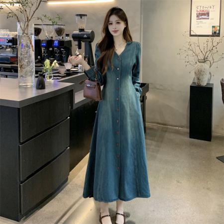 复古蓝色气质长袖牛仔连衣裙秋季新款  服裝批發女裝批發服飾貨源