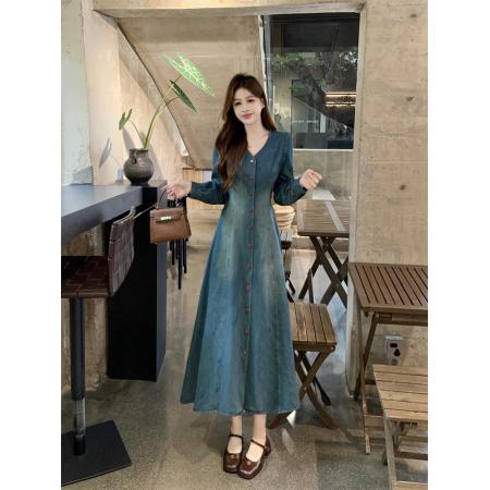 复古蓝色气质长袖牛仔连衣裙秋季新款  服裝批發女裝批發服飾貨源