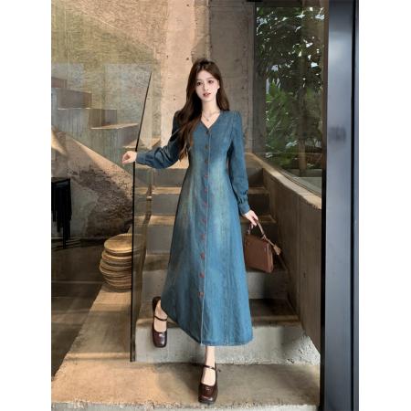 复古蓝色气质长袖牛仔连衣裙秋季新款  服裝批發女裝批發服飾貨源