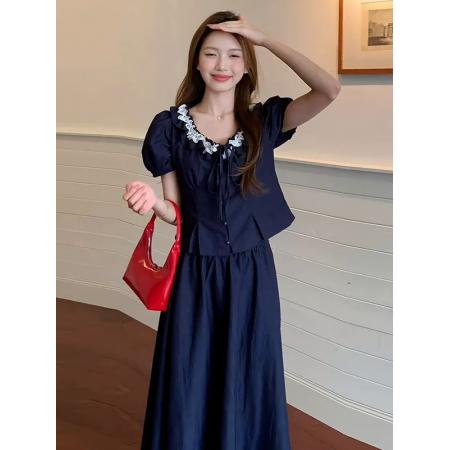 大码女装花边短袖a字半身裙两件套夏季新款胖mm显瘦搭配一整套装  服裝批發女裝批發服飾貨源