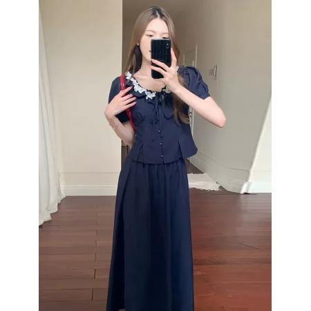 大码女装花边短袖a字半身裙两件套夏季新款胖mm显瘦搭配一整套装  服裝批發女裝批發服飾貨源