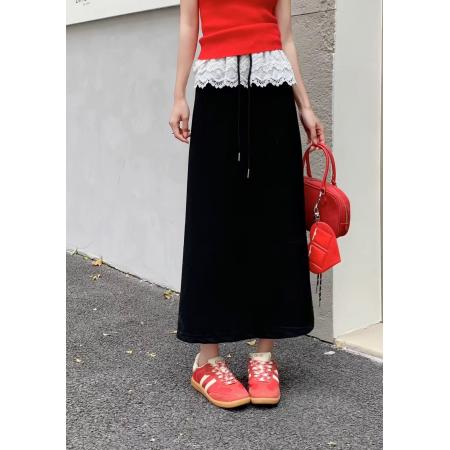 灰色蕾丝拼接半身裙女春季抽绳假两件包臀裙百搭松紧腰显瘦a字裙  服裝批發女裝批發服飾貨源