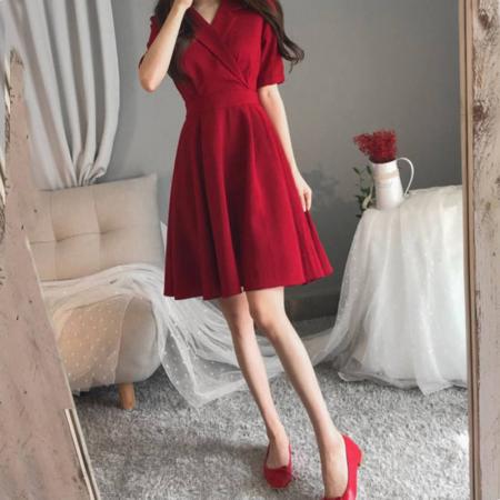 冷淡风红色裙夏季韩版西装领蝴蝶结系带收腰复古大摆连衣裙  服裝批發女裝批發服飾貨源