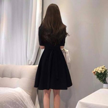 冷淡风红色裙夏季韩版西装领蝴蝶结系带收腰复古大摆连衣裙  服裝批發女裝批發服飾貨源