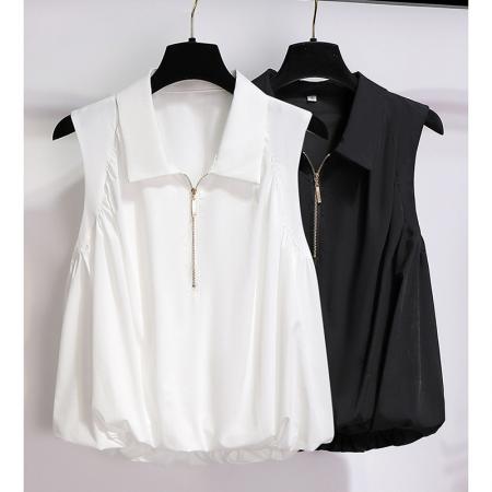 无袖衬衫女夏宽松下摆蓬蓬翻领上衣别致漂亮小衫  服裝批發女裝批發服飾貨源