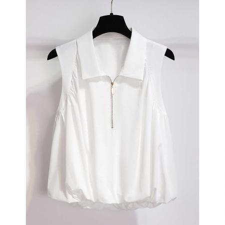 无袖衬衫女夏宽松下摆蓬蓬翻领上衣别致漂亮小衫  服裝批發女裝批發服飾貨源