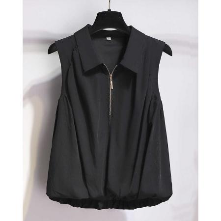 无袖衬衫女夏宽松下摆蓬蓬翻领上衣别致漂亮小衫  服裝批發女裝批發服飾貨源